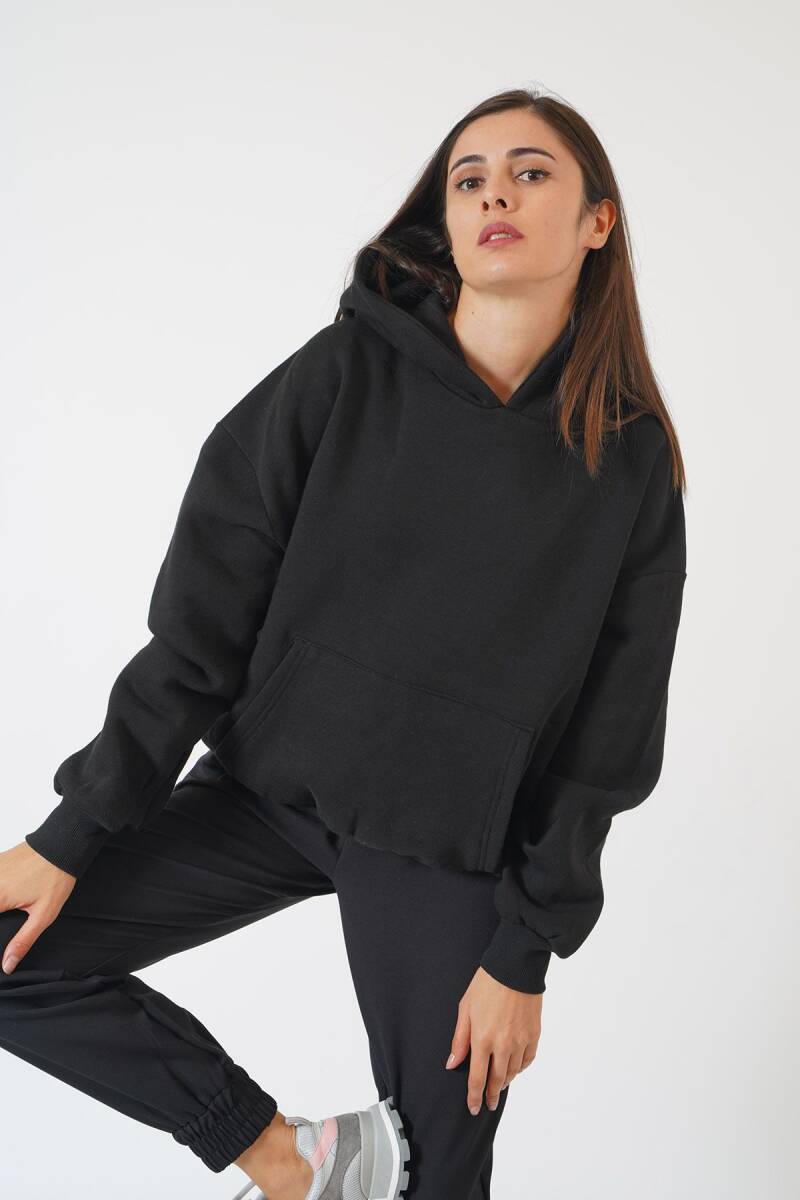 Yüksek Kalite Kadın Siyah Kanguru Cepli Sweat - 3