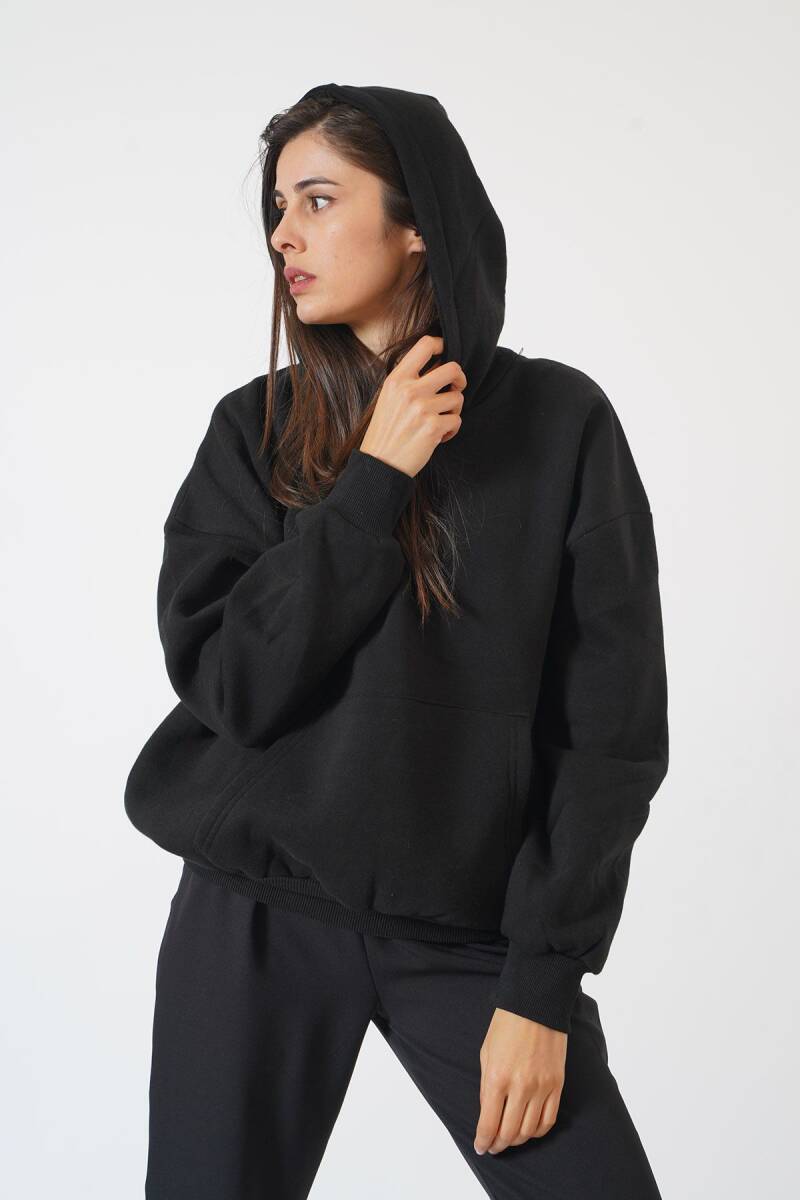 Yüksek Kalite Kadın Siyah Kanguru Cepli Sweat - 6